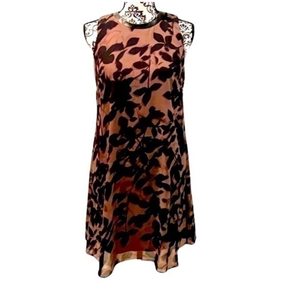 SLNY 🍒SIZE 6🍒SHEER BLACK BURNOUT DRESS FULLY LINED LEATHER COLLAR BACK ZIP🍒